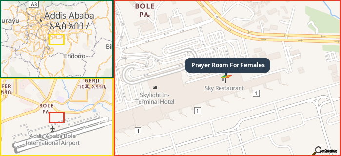 Map showing the address of Prayer Room For Females in three different zoom levels.