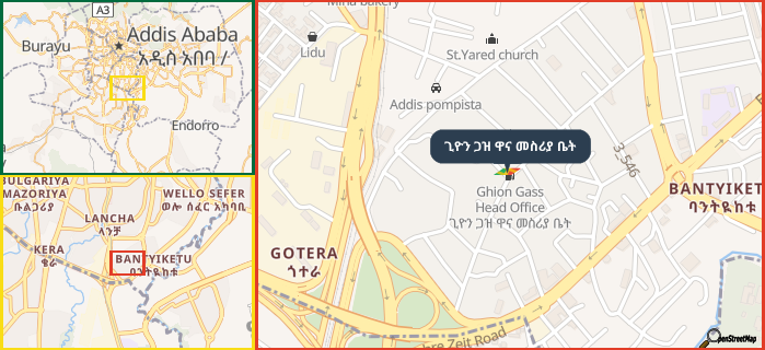 Map showing the address of ጊዮን ጋዝ ዋና መስሪያ ቤት in three different zoom levels.