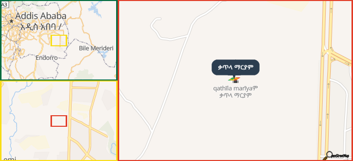 Map showing the address of ቃጥላ ማርያም in three different zoom levels.