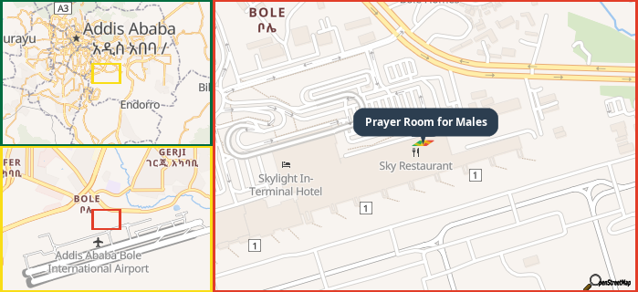 Map showing the address of Prayer Room for Males in three different zoom levels.