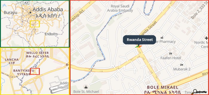 Map showing the address of Rwanda Street in three different zoom levels.