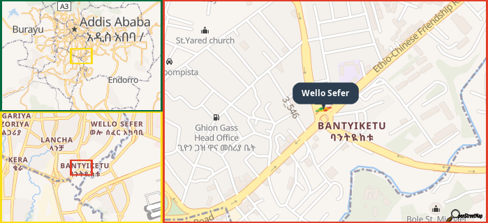 Map showing the address of Wello Sefer in three different zoom levels.