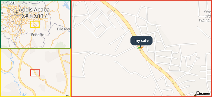 Map showing the address of my cafe in three different zoom levels.