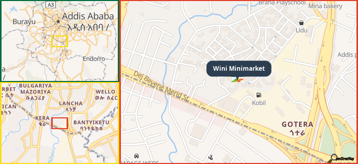 Map showing the address of Wini Minimarket in three different zoom levels.
