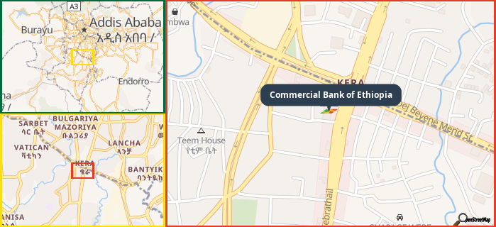Map showing the address of Commercial Bank of Ethiopia in three different zoom levels.