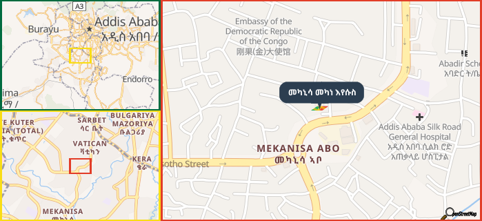 Map showing the address of መካኒሳ መካነ እየሱስ in three different zoom levels.