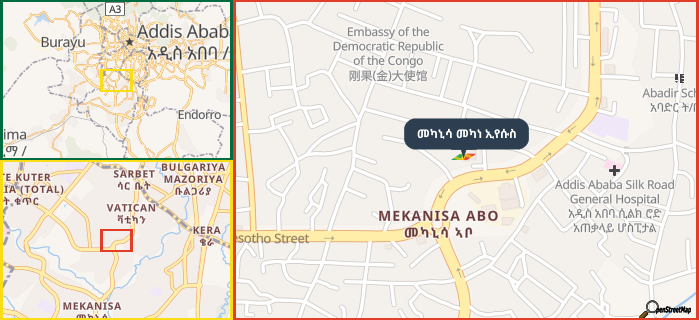 Map showing the address of መካኒሳ መካነ ኢየሱስ in three different zoom levels.