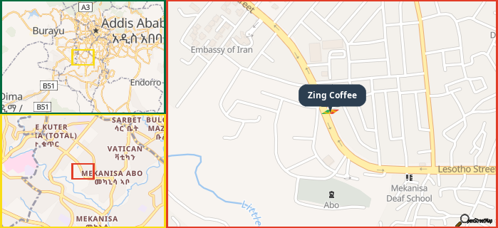 Map showing the address of Zing Coffee in three different zoom levels.