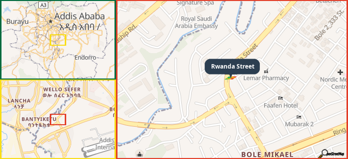Map showing the address of Rwanda Street in three different zoom levels.
