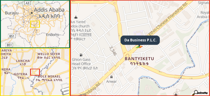 Map showing the address of Da Business P.L.C. in three different zoom levels.