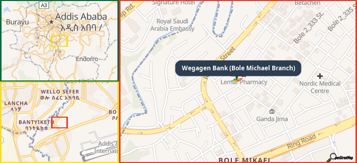 Map showing the address of Wegagen Bank (Bole Michael Branch) in three different zoom levels.