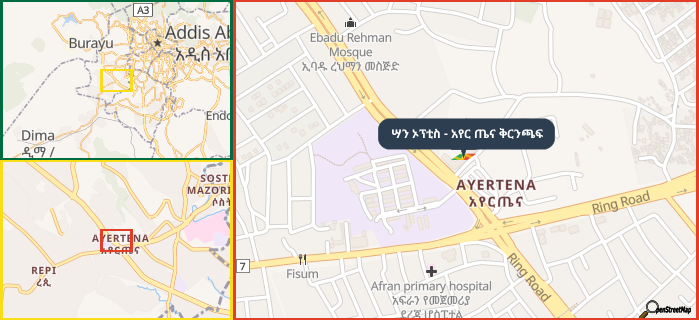 Map showing the address of ሣን ኦፕቲስ - አየር ጤና ቅርንጫፍ in three different zoom levels.
