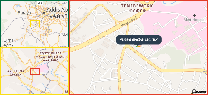 Map showing the address of ሚፍታህ መስጅድ አየር ጤና in three different zoom levels.