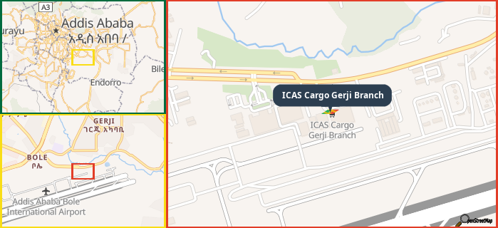 Map showing the address of ICAS Cargo Gerji Branch in three different zoom levels.