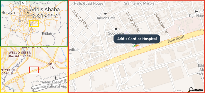 Map showing the address of Addis Cardiac Hospital in three different zoom levels.