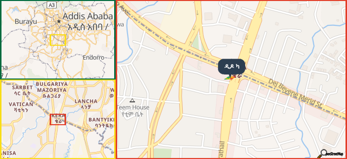 Map showing the address of ዲዶ ካ in three different zoom levels.