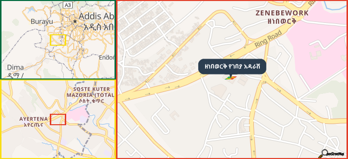 Map showing the address of ዘነበወርቅ የገበያ አዳራሽ in three different zoom levels.