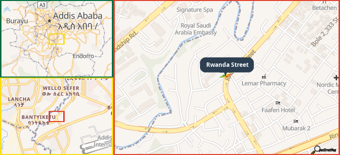Map showing the address of Rwanda Street in three different zoom levels.