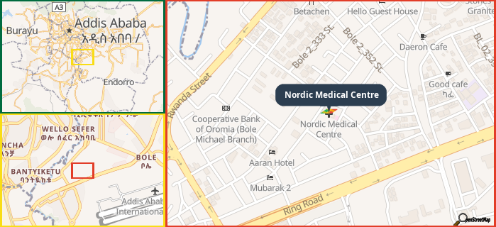 Map showing the address of Nordic Medical Centre in three different zoom levels.