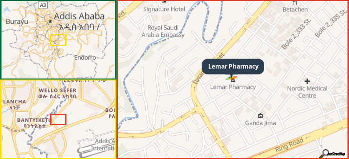 Map showing the address of Lemar Pharmacy in three different zoom levels.