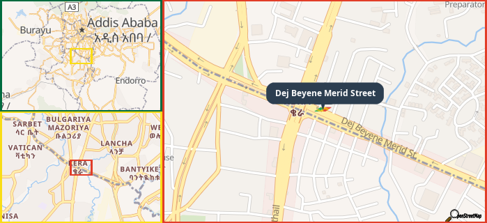 Map showing the address of Dej Beyene Merid Street in three different zoom levels.