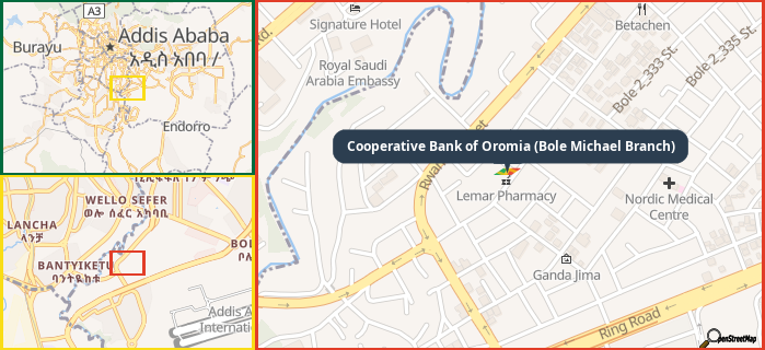 Map showing the address of Cooperative Bank of Oromia (Bole Michael Branch) in three different zoom levels.