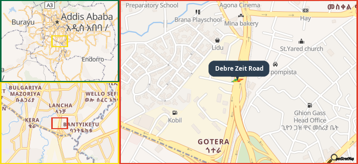 Map showing the address of Debre Zeit Road in three different zoom levels.