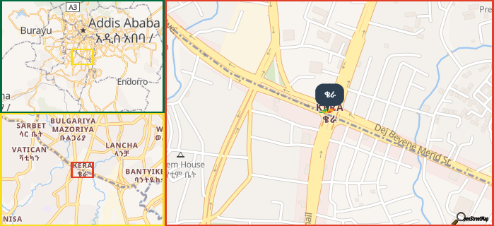 Map showing the address of ቄራ in three different zoom levels.