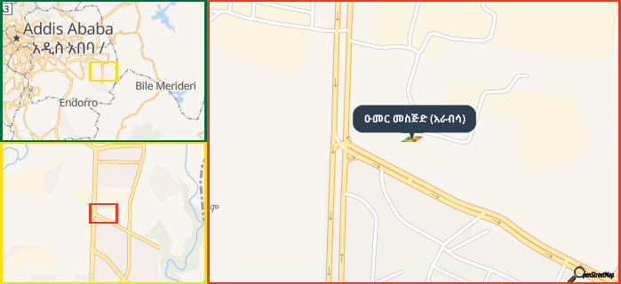 Map showing the address of ዑመር መስጅድ (አራብሳ) in three different zoom levels.