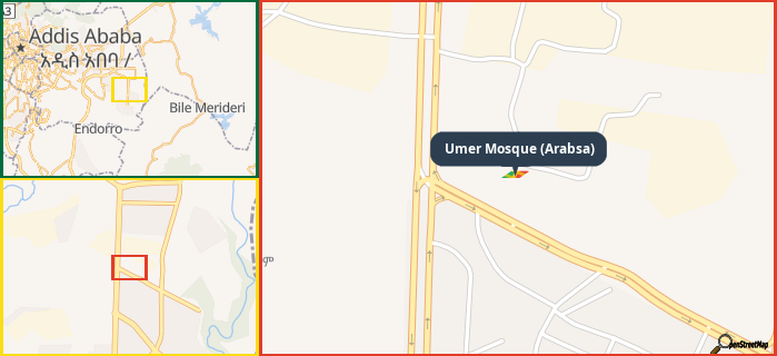 Map showing the address of Umer Mosque (Arabsa) in three different zoom levels.