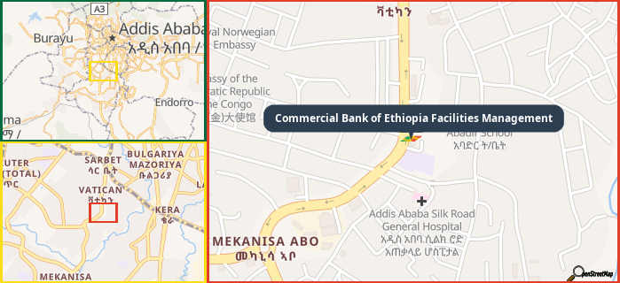 Map showing the address of Commercial Bank of Ethiopia Facilities Management in three different zoom levels.