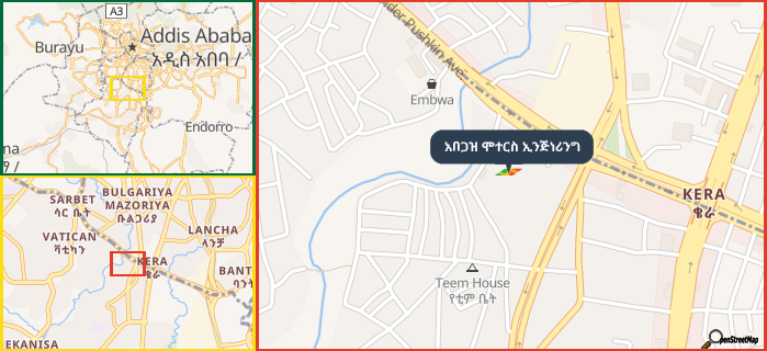 Map showing the address of አበጋዝ ሞተርስ ኢንጅነሪንግ in three different zoom levels.