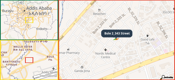 Map showing the address of Bole 2_343 Street in three different zoom levels.