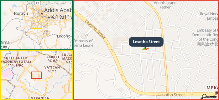 Map showing the address of Lesotho Street in three different zoom levels.