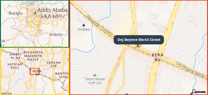 Map showing the address of Dej Beyene Merid Street in three different zoom levels.