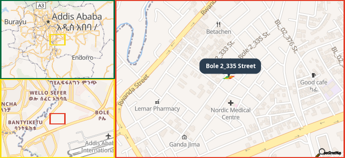 Map showing the address of Bole 2_335 Street in three different zoom levels.