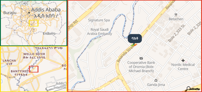 Map showing the address of ባከቶ in three different zoom levels.