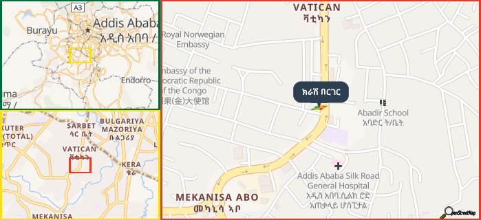 Map showing the address of ክራሽ በርገር in three different zoom levels.