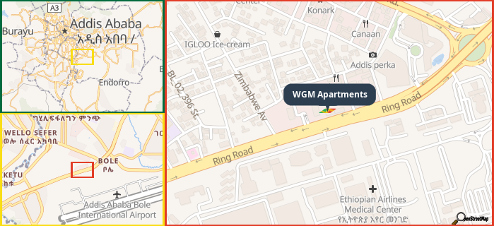 Map showing the address of WGM Apartments in three different zoom levels.