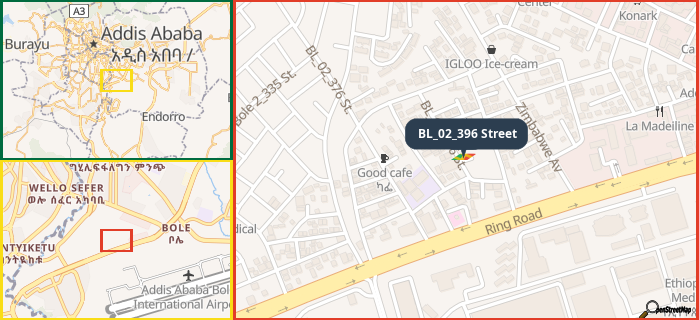 Map showing the address of BL_02_396 Street in three different zoom levels.