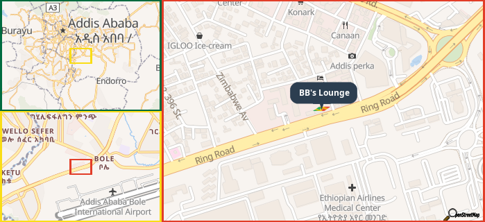 Map showing the address of BB's Lounge in three different zoom levels.