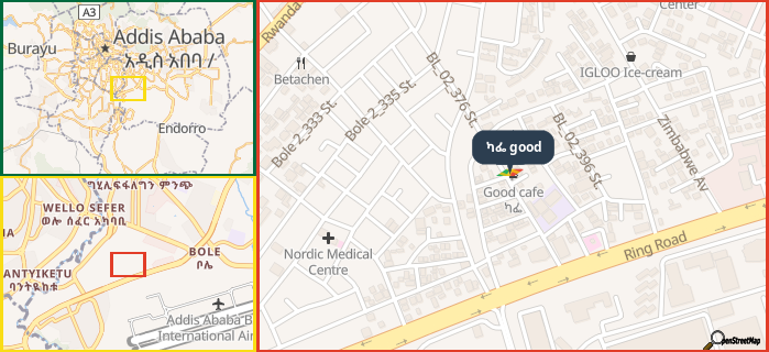Map showing the address of ካፌ good in three different zoom levels.