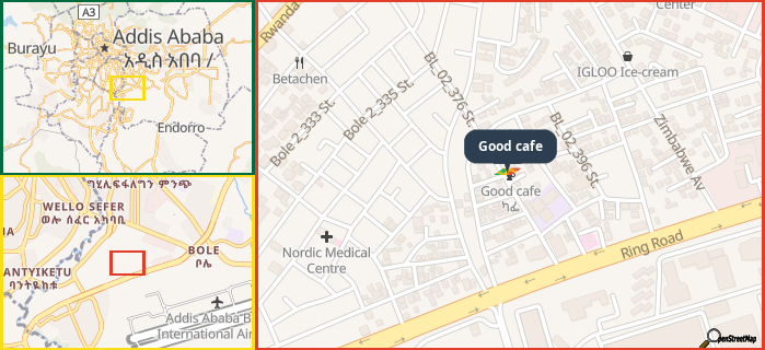 Map showing the address of Good cafe in three different zoom levels.