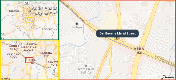 Map showing the address of Dej Beyene Merid Street in three different zoom levels.