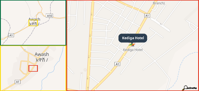 Map showing the address of Kediga Hotel in three different zoom levels.