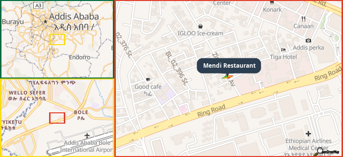 Map showing the address of Mendi Restaurant in three different zoom levels.