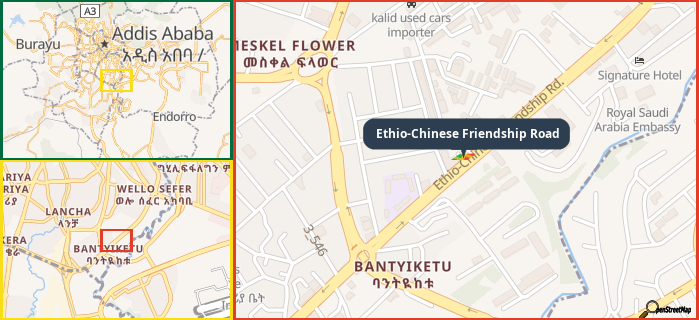 Map showing the address of Ethio-Chinese Friendship Road in three different zoom levels.