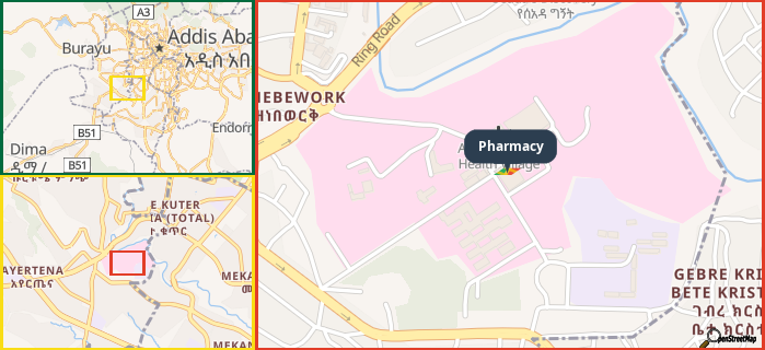 Map showing the address of Pharmacy in three different zoom levels.