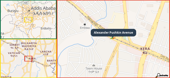 Map showing the address of Alexander Pushkin Avenue in three different zoom levels.