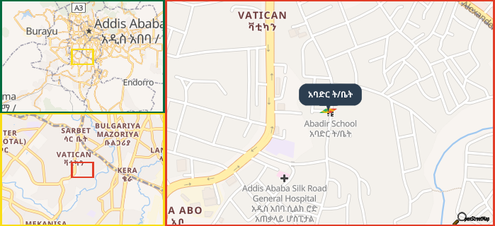 Map showing the address of አባድር ት/ቤት in three different zoom levels.